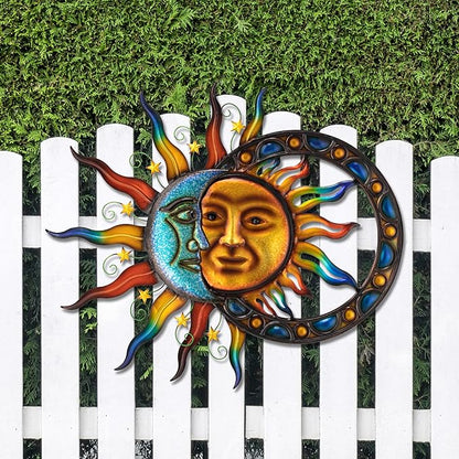 Glitzhome Sun and Moon Wall Decor, 33.5 Inch Celestial Metal Wall Art with Glossy Color Finish and Antique Details, Outdoor Sun and Moon Decor for Garden Porch Patio Home