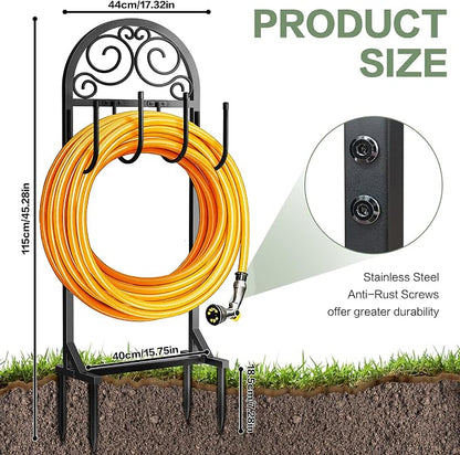 Garden Hose Holder, Upgraded Metal Water Hose Holder with 4 Hooks, Freestanding Heavy Duty Hose Hanger Stand Holds 150 FT Hoses, Detachable Hose Storage Rack for Outside Yard Lawn Farm (Black, Clouds)