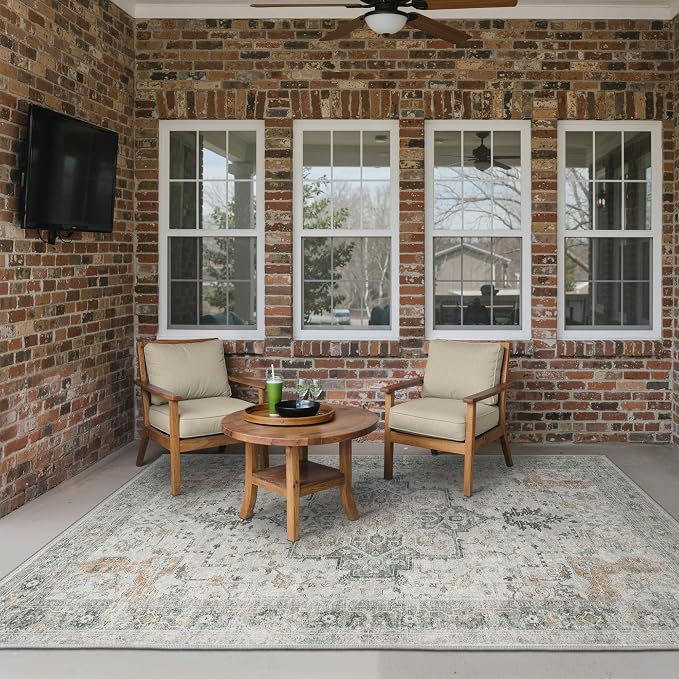 GENIMO Outdoor & Indoor Area Rug 4'x6', Waterproof, Non-Shedding, Easy Cleaning, Boho Mat for Patio, Living Room, Balcony, Dining Room, RV, Deck, Bedroom, Camping, Outside Carpet,Light Grey Brown