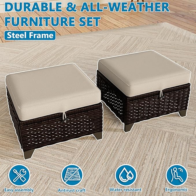VistaVibe 2 Pieces Patio Wicker Ottomans, Luxurious Footstools, Outdoor Small Footrest, Wicker Furniture with Removable Cushions, All-Weather PE Rattan, Garden, Backyard, Porch(Brown/Beige)