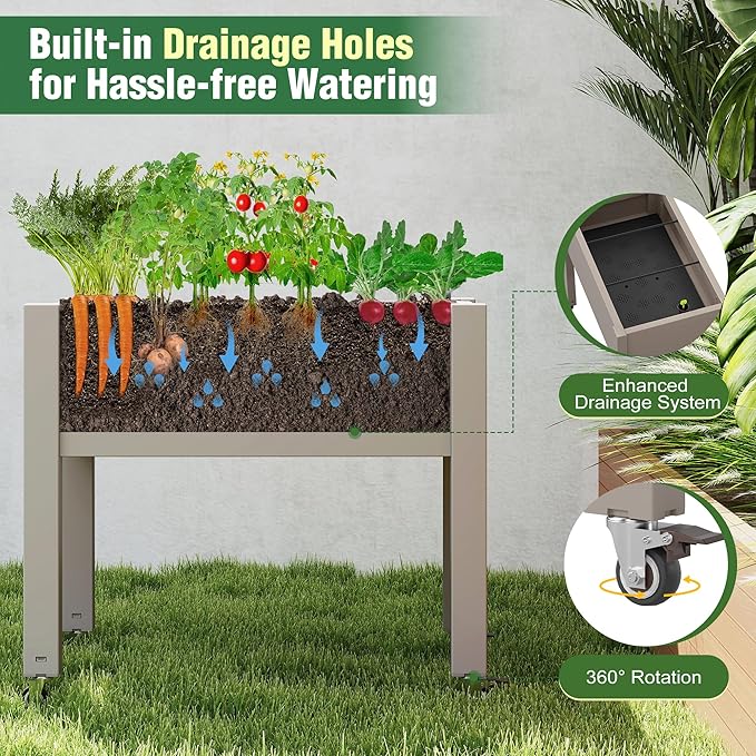 Elevated Raised Garden Bed with Wheels - Outdoor Mobile Resin Planter Box with Drainage Holes for Vegetables Flower Herbs, Weather Resistant (Gray)