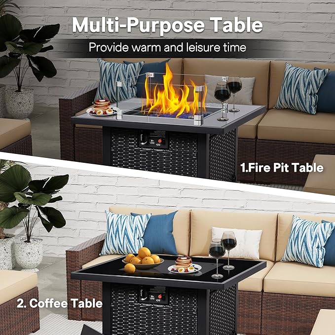 FHFO 8-Piece Patio Furniture Set with 28" Fire Pit Table, Wicker Outdoor Conversation Set Sectional Sofa with Thick Cushions & Coffee Table, for Backyard, Poolside, Garden, Grey-Blue