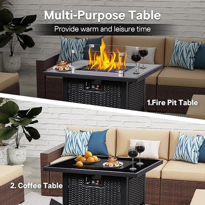 FHFO 8-Piece Patio Furniture Set with 28" Fire Pit Table, Wicker Outdoor Conversation Set Sectional Sofa with Thick Cushions & Coffee Table, for Backyard, Poolside, Garden, Grey-Blue