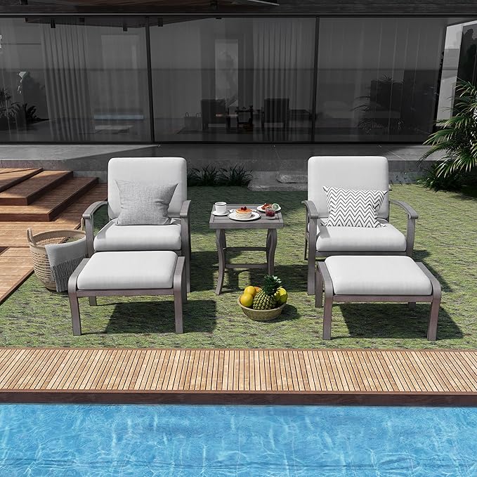 HAPPATIO 5 Piece Aluminum Outdoor Patio Furniture Set, Patio Chairs with Ottomans and Side Table, Balcony Furniture, Patio Conversation Set for Porch Garden (Gray)