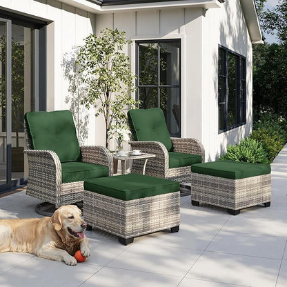 5-Piece Small Patio Furniture Set, Outdoor Swivel Rocking Chairs Set with Ottomans, Patio Bistro Set for Balcony, Deck, Porch, Dark Green