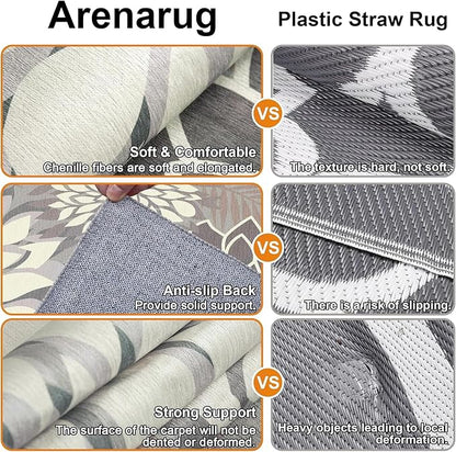 4x6 Washable Rug for Living Room Tropical Botanical Modern Floral Chenille Area Rugs Low Pile Non Slip Carpet for Patio, Bedroom, Laundry, Taupe