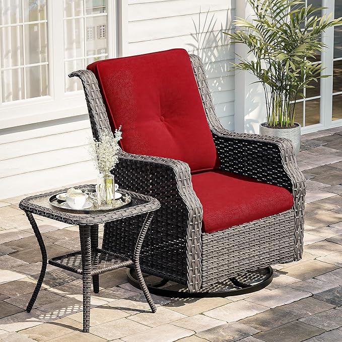 Outdoor Swivel Rocker Patio Chair with Matching Side Table - 360 Degree Patio Swivel Glider Chair with 3.5" Olefin Cushions(Mixed Grey/Red)