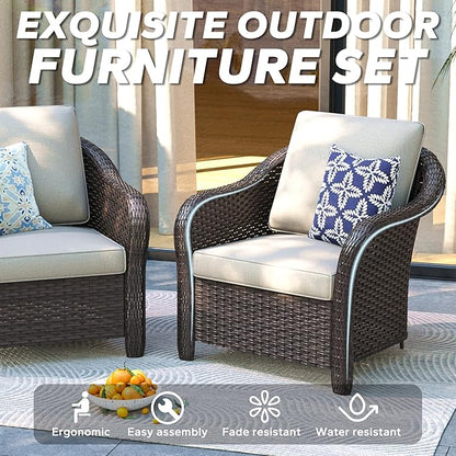 Patio PE Rattan Chairs Set of 2, All-Weather & Steel Frame Outdoor Conversation Furniture Set with Washable Cushions for Garden, Bistro, Deck, Yard (Beige)