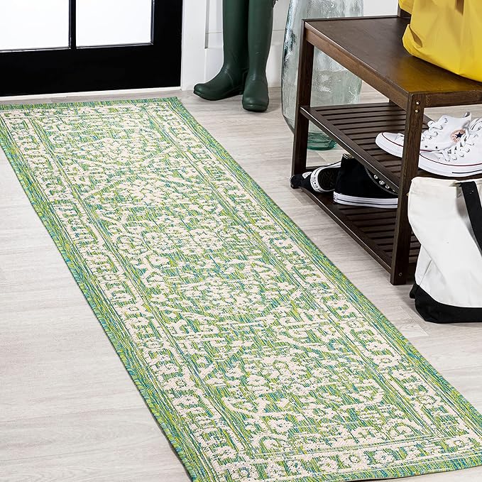 JONATHAN Y Boho Medallion Indoor Outdoor Runner Rug 2X10 Cream/Green, Malta Textured Weave for Backyard, Patio, Porch, Easy-Cleaning, High Traffic, Pet-Friendly, Non-Shedding (SMB104F-210)