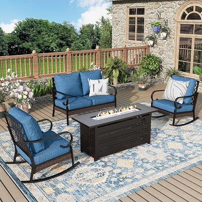 Patio Furniture Set with Firepit Table, Black Frame Outdoor Conversation Set with 2 x Rocking Chair, 1 x 2-Seat Sofa for Lawn Garden Backyard, Pacific Blue