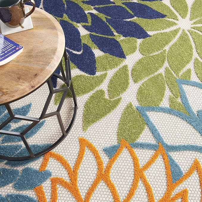 Nourison Home Aloha Indoor/Outdoor Multicolor 7'10'' x Round Area-Rug, Tropical, Botanical, Easy-Cleaning, Non Shedding, Bed Room, Living Room, Dining Room, Deck, Backyard, Patio (8 Round)