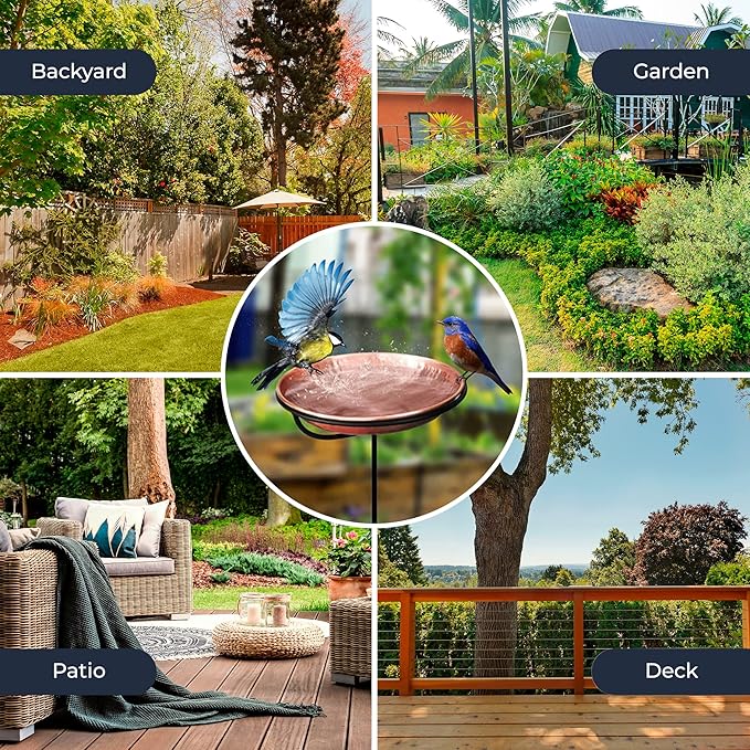 Monarch Abode Pure Copper Hand Hammered Standing Bird Bath and Feeder w/ Iron Stand, 34-inch Detachable Iron Stand Outdoor Birdbath and Birdfeeder for Garden Backyard Patio & Deck, Bird Water Feeder