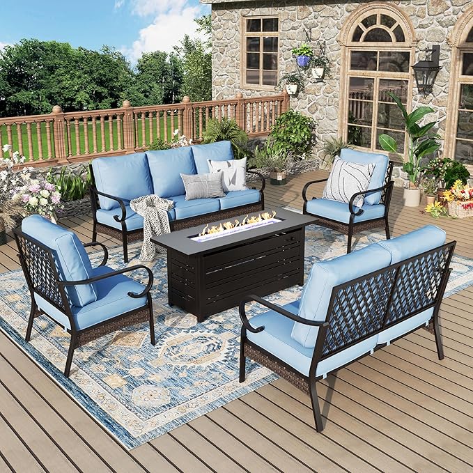Patio Furniture Set with Firepit Table, Black Frame Outdoor Conversation Set with 2 x Fixed Chairs, 1 x 2-Seat Sofa, 1 x 3-Seat Sofa for Lawn Garden Backyard, Blue