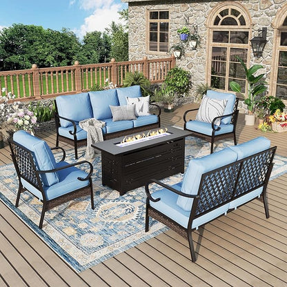 Patio Furniture Set with Firepit Table, Black Frame Outdoor Conversation Set with 2 x Fixed Chairs, 1 x 2-Seat Sofa, 1 x 3-Seat Sofa for Lawn Garden Backyard, Blue