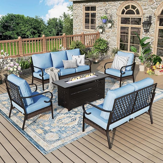 Patio Furniture Set with Firepit Table, Black Frame Outdoor Conversation Set with 2 x Fixed Chairs, 1 x 2-Seat Sofa, 1 x 3-Seat Sofa for Lawn Garden Backyard, Blue