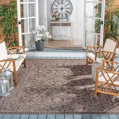 SAFAVIEH Washable Rug Outdoor Courtyard Collection - 6'7" Square, Brown & Ivory, Non-Shedding & Easy Cleaning, Ideal for Patio, Backyard, Mudroom (CY8680-36321)