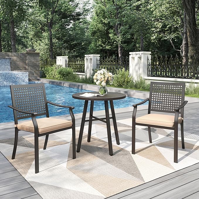 PHI VILLA 3 Pieces Outdoor Bistro Set for 2, Round Slatted Metal Steel Side Table & Stacking Wrought Iron Chairs with Cushions, Small Conversation Furniture Set for Patio Porch, Deck, Balcony