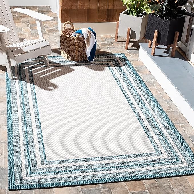 SAFAVIEH Courtyard Collection 9' x 12' Ivory / Teal CY8475 Indoor/ Outdoor Waterproof Easy-Cleaning Patio Backyard Mudroom Area-Rug