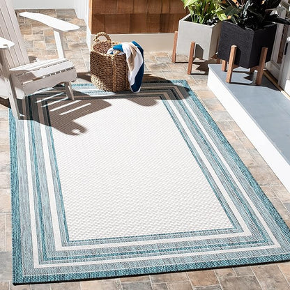 SAFAVIEH Washable Rug Outdoor Courtyard Collection - 2'7" x 5', Ivory & Teal, Non-Shedding & Easy Cleaning, Ideal for Patio, Backyard, Mudroom (CY8475-53512)