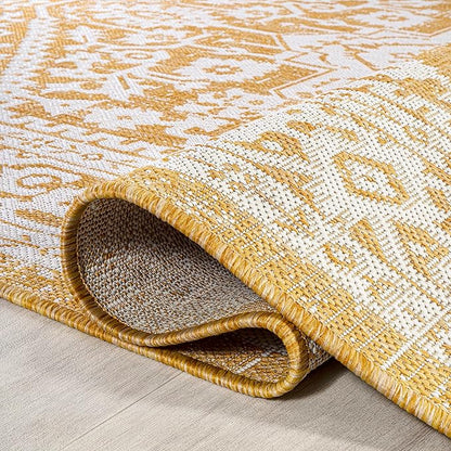 JONATHAN Y Medallion Weave Indoor Outdoor Round Area Rug 5 Ft Yellow/Cream, Sinjuri Textured for Backyard, Patio, Porch, Easy-Cleaning, High Traffic, Pet-Friendly, Non-Shedding (SMB101I-5R)