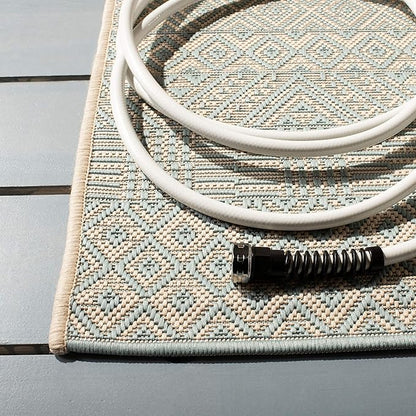 SAFAVIEH Washable Rug Outdoor Courtyard Collection - 6'7" Square, Beige & Aqua Blue, Non-Shedding & Easy Cleaning, Ideal for Patio, Backyard, Mudroom (CY6235-21312)