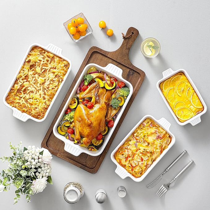 MALACASA Casserole Dishes for Oven, Porcelain Baking Dishes, Ceramic Bakeware Sets of 4, Rectangular Lasagna Pans with Handles for Baking Cake Kitchen, White (9.4"/11.1"/12.2"/14.7")