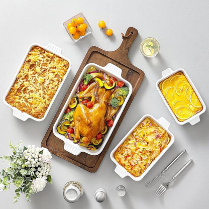 MALACASA Casserole Dishes for Oven, Porcelain Baking Dishes, Ceramic Bakeware Sets of 4, Rectangular Lasagna Pans with Handles for Baking Cake Kitchen, White (9.4"/11.1"/12.2"/14.7")