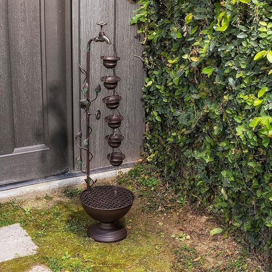 Alpine Corporation MAZ254 Outdoor Floor Tiered Vintage Water Fountain w/ 6 Hanging Cups, Soothing Tier Waterfall, 38", Bronze