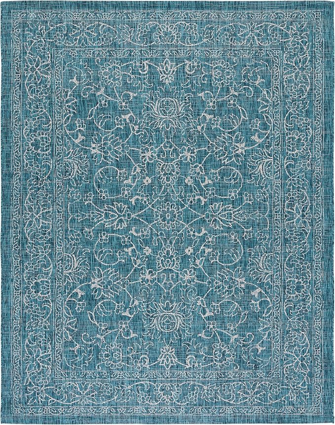 SAFAVIEH Washable Rug Outdoor Courtyard Collection - 7'10" Square, Turquoise, Non-Shedding & Easy Cleaning, Ideal for Patio, Backyard, Mudroom (CY8680-37221)