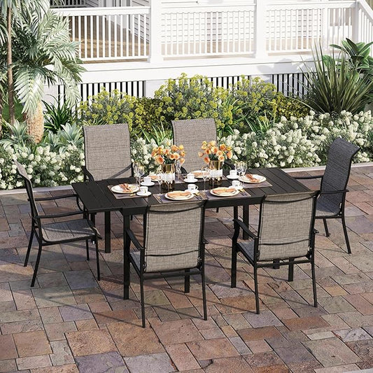 7 Pieces Patio Table and Chairs Set, 6 People Patio Dining Furniture Set, 6 Textilene Standard Chairs and Expandable Rectangular Metal Table with Umbrella Hole, for Deck Garden Backyard