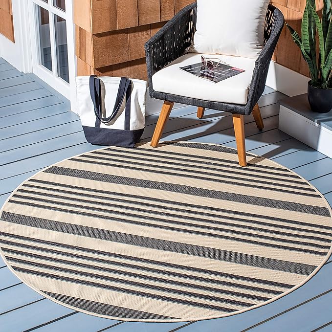 SAFAVIEH Washable Rug Outdoor Courtyard Collection - 6'7" Round, Black & Bone, Non-Shedding & Easy Cleaning, Ideal for Patio, Backyard, Mudroom (CY6062-216)