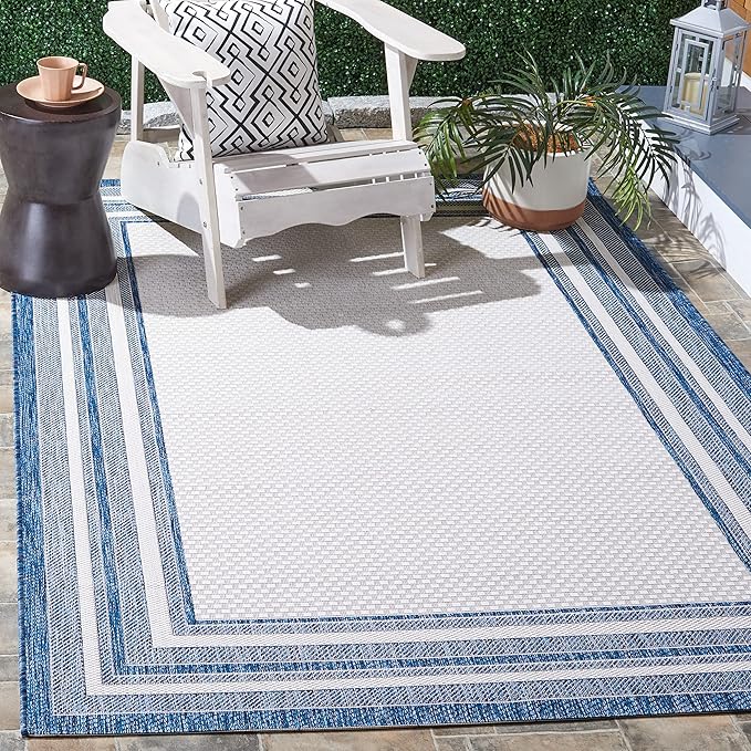 SAFAVIEH Washable Rug Outdoor Courtyard Collection - 5'3" Square, Ivory & Navy, Non-Shedding & Easy Cleaning, Ideal for Patio, Backyard, Mudroom (CY8475-53412)
