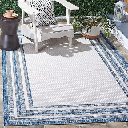 SAFAVIEH Washable Rug Outdoor Courtyard Collection - 5'3" Square, Ivory & Navy, Non-Shedding & Easy Cleaning, Ideal for Patio, Backyard, Mudroom (CY8475-53412)