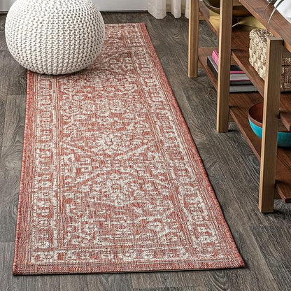 JONATHAN Y Boho Medallion Indoor Outdoor Runner Rug 2X8 Red/Taupe, Malta Textured Weave for Backyard, Patio, Porch, Easy-Cleaning, High Traffic, Pet-Friendly, Non-Shedding (SMB104A-28)