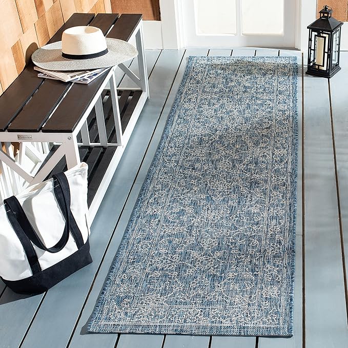 SAFAVIEH Courtyard Collection 2'3" x 20' Navy/Ivory CY8680 Indoor/ Outside Waterproof Easy cleansingPatio Backyard Mudroom Runner Mat