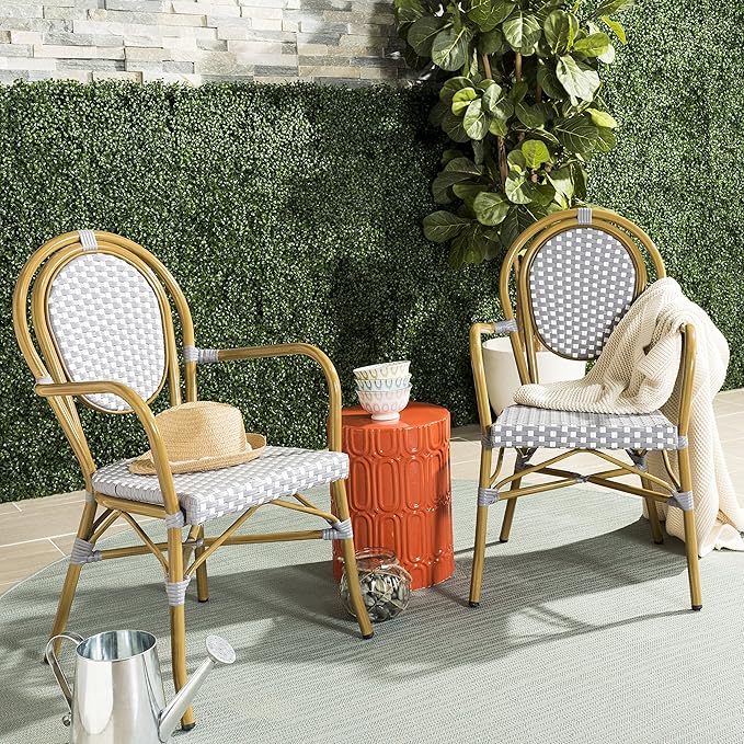 SAFAVIEH PAT4014A-SET2 Outdoor Collection Rosen Navy and White French Bistro Stacking Arm Chair