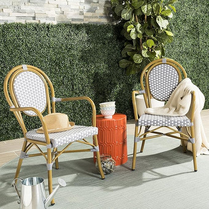 SAFAVIEH PAT4014A-SET2 Outdoor Collection Rosen Navy and White French Bistro Stacking Arm Chair