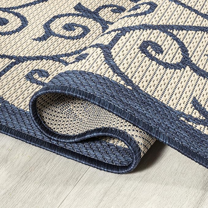 JONATHAN Y Vintage Filigree Indoor Outdoor Runner Rug 2X8 Navy/Beige, Madrid Textured Weave for Backyard, Patio, Porch, Easy-Cleaning, High Traffic, Pet-Friendly, Non-Shedding (SMB107G-28)