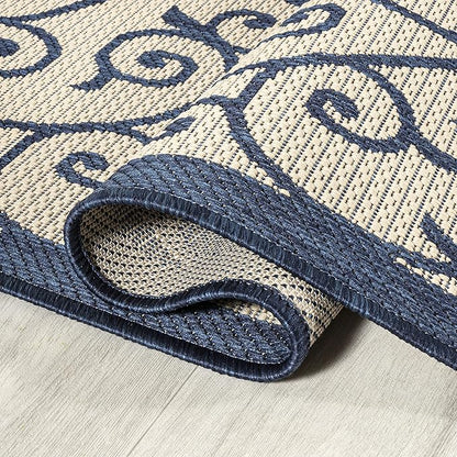 JONATHAN Y Vintage Filigree Indoor Outdoor Runner Rug 2X8 Navy/Beige, Madrid Textured Weave for Backyard, Patio, Porch, Easy-Cleaning, High Traffic, Pet-Friendly, Non-Shedding (SMB107G-28)