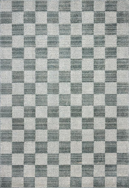 Loloi Chris Loves Julia Calvin Collection CLV-01 Blue/Ivory 2'-7" x 7'-6" Runner Rug Checkered Neutral Soft Living Room Bedroom Carpet
