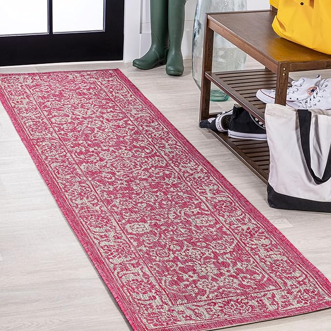 JONATHAN Y Weave Floral Indoor Outdoor Runner Rug 2X8 Fuchsia/Light Gray, Tela Bohemian Textured for Backyard, Patio, Porch, Easy-Cleaning, High Traffic, Pet-Friendly, Non-Shedding (SMB100G-28)
