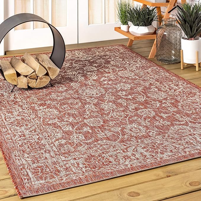 JONATHAN Y Weave Floral Indoor Outdoor Area Rug 5X8 Red/Taupe, Tela Bohemian Textured for Backyard, Patio, Porch, Easy-Cleaning, High Traffic, Pet-Friendly, Non-Shedding (SMB100A-5)