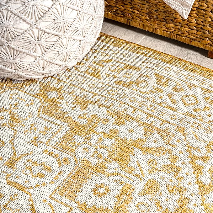 JONATHAN Y Medallion Weave Indoor Outdoor Round Area Rug 5 Ft Yellow/Cream, Sinjuri Textured for Backyard, Patio, Porch, Easy-Cleaning, High Traffic, Pet-Friendly, Non-Shedding (SMB101I-5R)