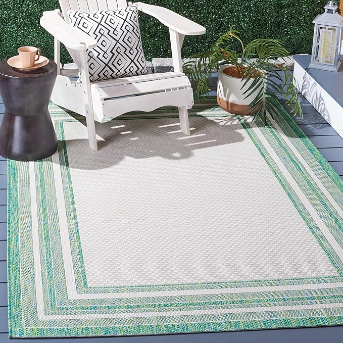 SAFAVIEH Washable Rug Outdoor Courtyard Collection - 10' x 14', Ivory & Green, Non-Shedding & Easy Cleaning, Ideal for Patio, Backyard, Mudroom (CY8475-55712)