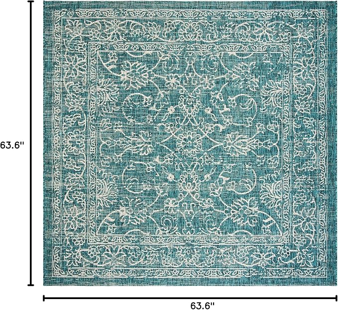 SAFAVIEH Washable Rug Outdoor Courtyard Collection - 5'3" Square, Turquoise, Non-Shedding & Easy Cleaning, Ideal for Patio, Backyard, Mudroom (CY8680-37221)