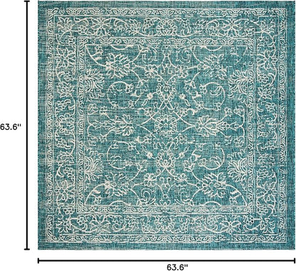SAFAVIEH Washable Rug Outdoor Courtyard Collection - 5'3" Square, Turquoise, Non-Shedding & Easy Cleaning, Ideal for Patio, Backyard, Mudroom (CY8680-37221)