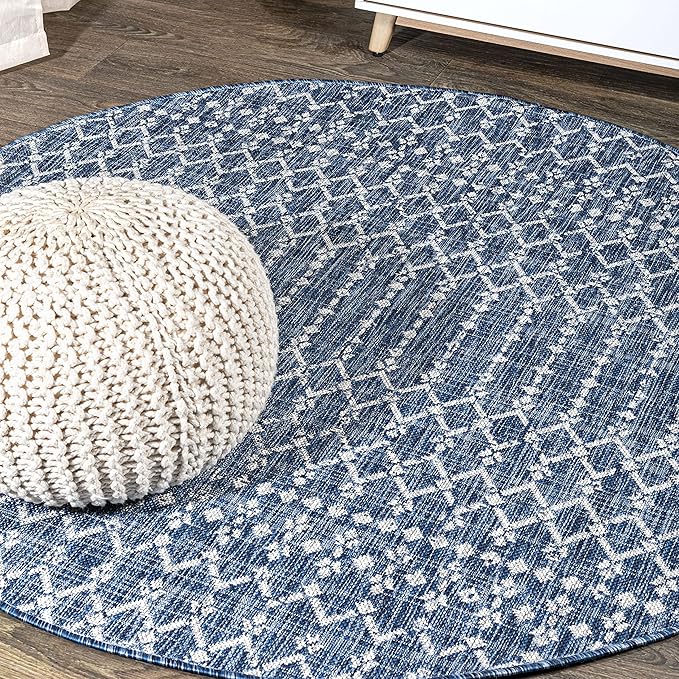 JONATHAN Y Moroccan Geometric Indoor Outdoor Round Area Rug 8 Ft Navy/Light Gray, Ourika Textured Weave for Backyard, Patio, Porch, Easy-Cleaning, High Traffic, Pet-Friendly, Non-Shedding SMB108B-8R
