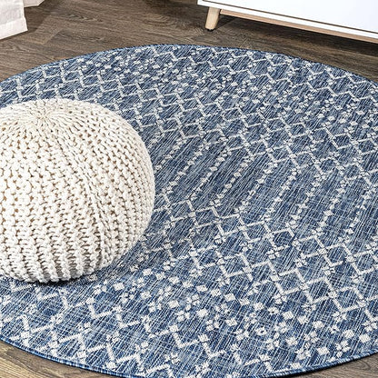 JONATHAN Y Moroccan Geometric Indoor Outdoor Round Area Rug 8 Ft Navy/Light Gray, Ourika Textured Weave for Backyard, Patio, Porch, Easy-Cleaning, High Traffic, Pet-Friendly, Non-Shedding SMB108B-8R