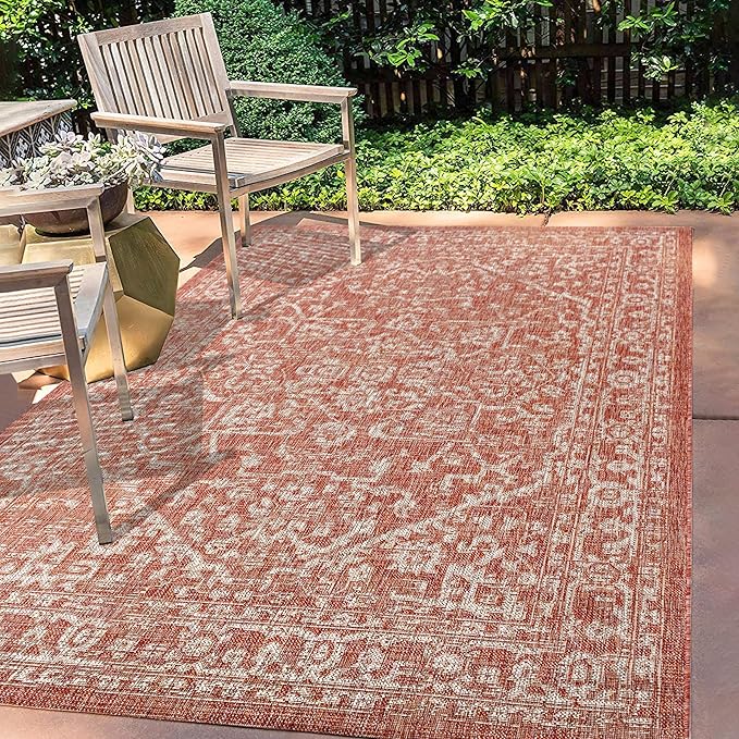 JONATHAN Y Boho Medallion Indoor Outdoor Area Rug 8X10 Red/Taupe, Malta Textured Weave for Backyard, Patio, Porch, Easy-Cleaning, High Traffic, Pet-Friendly, Non-Shedding (SMB104A-8)