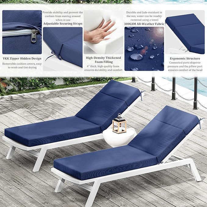 Chaise Lounge Cushion for Outdoor Furniture, Waterproof Fade and Tear Resistant Lounge Deck Chair Cushions for Patio Lawn Pool Resort Hotel